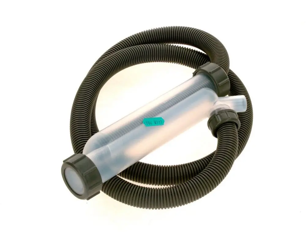 Transparente Röhre mit grauem Anschluss und flexibler Schlauchleitung. Produkt von Bosch, geeignet für Abflussanwendungen.